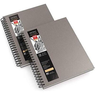 ARTEZA Skizzenbuch mit Spiralbindung 2er-Pack je 100 Blatt, 22.9 x 30.5 cm, Skizzenblock in Grau, 100 gsm, Hardcover-Sketchbook für Bleistifte, Kohle, Kugelschreiber, Wachsmalstifte ARTEZA Skizzenbuch mit Spiralbindung 2er-Pack je 100 Blatt, 22.9 x 30.5 cm, Skizzenblock in Grau, 100 gsm, Hardcover-Sketchbook für Bleistifte, Kohle, Kugelschreiber, Wachsmalstifte