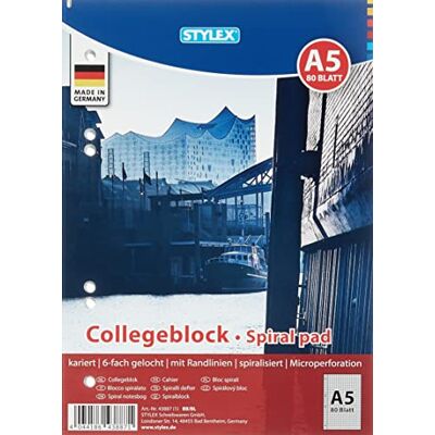 Stylex 43887-P6 Collegeblock mit Spiralbindung, kariert, DIN A5, 80 Blatt mit 60 g/m² Grammatur, 6 Stück Stylex 43887-P6 Collegeblock mit Spiralbindung, kariert, DIN A5, 80 Blatt mit 60 g/m² Grammatur, 6 Stück