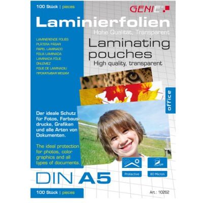 GENIE 10262 Laminierfolien (glasklar; 80 Mikron für Formate bis zu DIN A5; geeignet für alle Heißlaminiergeräte) 100er Pack GENIE 10262 Laminierfolien (glasklar; 80 Mikron für Formate bis zu DIN A5; geeignet für alle Heißlaminiergeräte) 100er Pack