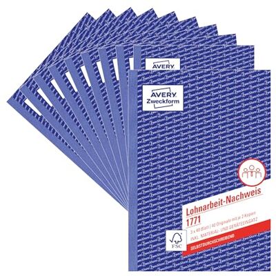 Avery 1771-10 Lohnarbeit-Nachweis (A5, selbstdurchschreibend, für Deutschland/Österreich, von Rechtsexperten geprüft, zur Stundenerfassung, 3x40 Blatt) 10er-Pack, weiß/gelb/rosa, Blau Avery 1771-10 Lohnarbeit-Nachweis (A5, selbstdurchschreibend, für Deutschland/Österreich, von Rechtsexperten geprüft, zur Stundenerfassung, 3x40 Blatt) 10er-Pack, weiß/gelb/rosa, Blau
