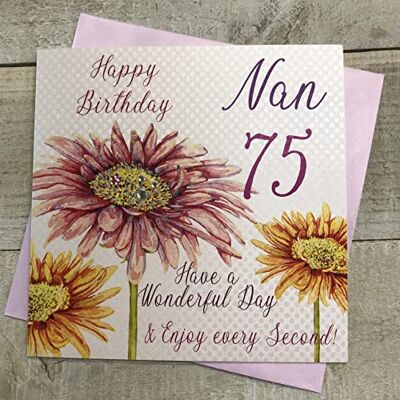 WHITE COTTON CARDS wba75-nan Geburtstagskarte mit Pinker Gerbera, Happy Birthday 75 Nan Have a Wonderful Day Zum 75. Geburtstag, handgefertigt, Weiß WHITE COTTON CARDS wba75-nan Geburtstagskarte mit Pinker Gerbera, Happy Birthday 75 Nan Have a Wonderful Day Zum 75. Geburtstag, handgefertigt, Weiß