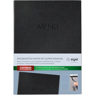 Sigel SM202 Speisekarten-Mappe A4, Gummi-Bindung, schwarz mit Leinenstruktur, strapazierfähig und leicht abwischbar Sigel SM202 Speisekarten-Mappe A4, Gummi-Bindung, schwarz mit Leinenstruktur, strapazierfähig und leicht abwischbar