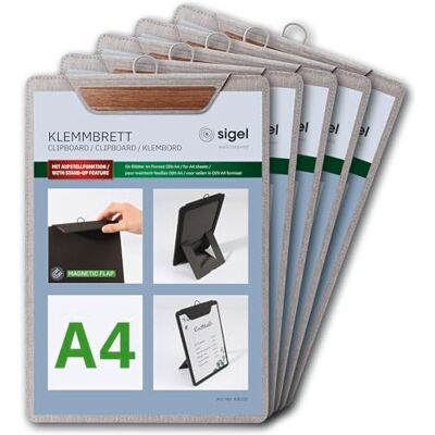 Sigel KB223/5 Klemmbretter DIN A4 hellgrau/braun, 5 Stück, mit Aufstellfunktion, stabiles, stylisches Clipboard mit edler Leinenstruktur, strapazierfähig und leicht abwischbar, für Speisekarten Sigel KB223/5 Klemmbretter DIN A4 hellgrau/braun, 5 Stück, mit Aufstellfunktion, stabiles, stylisches Clipboard mit edler Leinenstruktur, strapazierfähig und leicht abwischbar, für Speisekarten