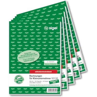 Sigel Rechnungsblock Kleinunternehmer A5 5 Stück 2x30 Blatt SD130/5, ohne MwSt-Ausweis, selbstdurchschreibend, mikroperforiert mit Abheftlochung Sigel Rechnungsblock Kleinunternehmer A5 5 Stück 2x30 Blatt SD130/5, ohne MwSt-Ausweis, selbstdurchschreibend, mikroperforiert mit Abheftlochung