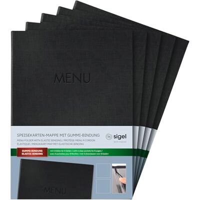 Sigel SM202/5 Speisekarten-Mappe A4, Gummi-Bindung, schwarz mit Leinenstruktur, 5er Pack, strapazierfähig und leicht abwischbar Sigel SM202/5 Speisekarten-Mappe A4, Gummi-Bindung, schwarz mit Leinenstruktur, 5er Pack, strapazierfähig und leicht abwischbar