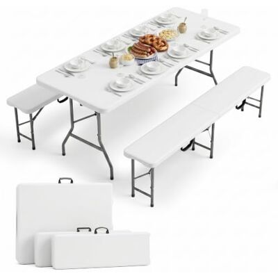 Sekey Bierzeltgarnitur Klappbar, Klapptisch + 2 Bierbänke für 8 Personen 180x74x74cm, Gartenmöbel 3er Set, Bierbankgarnitur mit Tragegriffe, für Garten, Balkon, Camping & Party, Weiß Sekey Bierzeltgarnitur Klappbar, Klapptisch + 2 Bierbänke für 8 Personen 180x74x74cm, Gartenmöbel 3er Set, Bierbankgarnitur mit Tragegriffe, für Garten, Balkon, Camping & Party, Weiß