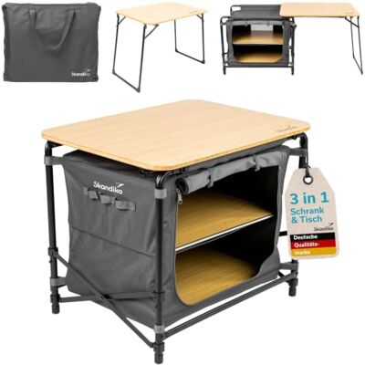 Skandika Campingschrank Skogard 3-in-1 Design, Bambus Arbeitspatte, Outdoor Schrank faltbar, 2 Einlegeböden, Tragetasche Klapptisch kompakt, Campingküche, Outdoor Küche, Camping Zubehör, Zelt Skandika Campingschrank Skogard 3-in-1 Design, Bambus Arbeitspatte, Outdoor Schrank faltbar, 2 Einlegeböden, Tragetasche Klapptisch kompakt, Campingküche, Outdoor Küche, Camping Zubehör, Zelt