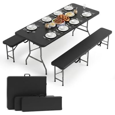 Sekey Bierzeltgarnitur Klappbar, Klapptisch + 2 Bierbänke für 8 Personen 180x74x74cm, Gartenmöbel 3er Set, Bierbankgarnitur mit Tragegriffe, für Garten, Balkon, Camping & Party, Schwarz Sekey Bierzeltgarnitur Klappbar, Klapptisch + 2 Bierbänke für 8 Personen 180x74x74cm, Gartenmöbel 3er Set, Bierbankgarnitur mit Tragegriffe, für Garten, Balkon, Camping & Party, Schwarz