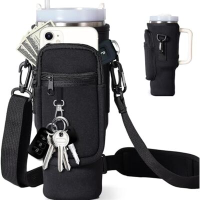Deiksuir Stanley Trinkflaschen-Tragetasche, 1,2 l, mit Handytasche, Kartentasche, Bergsteiger-Schnalle und Schlüsselanhänger, schwarze multifunktionale Flaschentasche für Stanley Cup-Zubehör Deiksuir Stanley Trinkflaschen-Tragetasche, 1,2 l, mit Handytasche, Kartentasche, Bergsteiger-Schnalle und Schlüsselanhänger, schwarze multifunktionale Flaschentasche für Stanley Cup-Zubehör