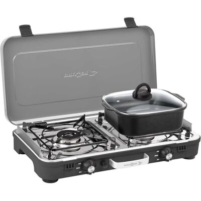 BRUNNER Camping-Kocher 2-flammig Gaskocher POWERKOOK 50mbar 1xSchmortopf 2-in-1 Tisch Camping-Kocher 2-flammig Edelstahl Gasgrill & Gaskocher 50mbar mit 1xSchmortopf Gasregler + Gaschlauch BRUNNER Camping-Kocher 2-flammig Gaskocher POWERKOOK 50mbar 1xSchmortopf 2-in-1 Tisch Camping-Kocher 2-flammig Edelstahl Gasgrill & Gaskocher 50mbar mit 1xSchmortopf Gasregler + Gaschlauch