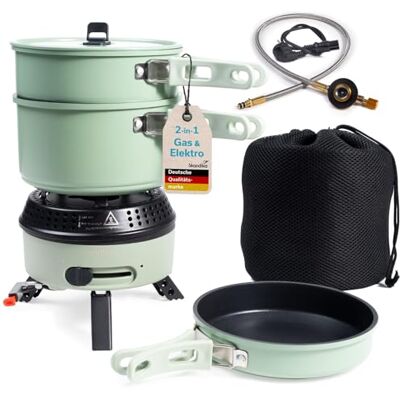 Skandika Campingkocher Rask Camping Kocher Hybrid, 2 in 1 Betrieb mit Strom oder Gas, Piezozündung, Set mit Geschirr, Topf, Pfanne Gaskocher, elektrisch, Outdoor, tragbar Skandika Campingkocher Rask Camping Kocher Hybrid, 2 in 1 Betrieb mit Strom oder Gas, Piezozündung, Set mit Geschirr, Topf, Pfanne Gaskocher, elektrisch, Outdoor, tragbar