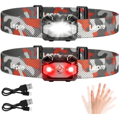 Lepro 5W Stirnlampe LED Wiederaufladbar, Dual Power Kopflampe mit Sensor Stirnlampe mit USB-C und 3 AAA (Nicht Enthalten), 10 Lichtmodi & Rotlicht, IPX4 Wasserdicht Stirnlampen für Camping, 2 Stück Lepro 5W Stirnlampe LED Wiederaufladbar, Dual Power Kopflampe mit Sensor Stirnlampe mit USB-C und 3 AAA (Nicht Enthalten), 10 Lichtmodi & Rotlicht, IPX4 Wasserdicht Stirnlampen für Camping, 2 Stück