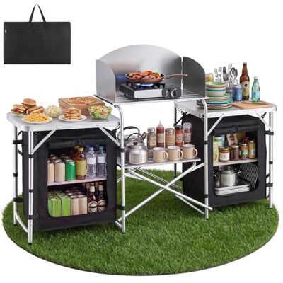 VEVOR Klappbare Campingküche, Campingschrank mit 2 MDF-Beistelltischen, Abnehmbarem Windschutz für den Kocher, 2 Stauräumen & X-förmigen Beinen, Camping-Küchenstation für Picknick, Grillen & Reisen VEVOR Klappbare Campingküche, Campingschrank mit 2 MDF-Beistelltischen, Abnehmbarem Windschutz für den Kocher, 2 Stauräumen & X-förmigen Beinen, Camping-Küchenstation für Picknick, Grillen & Reisen