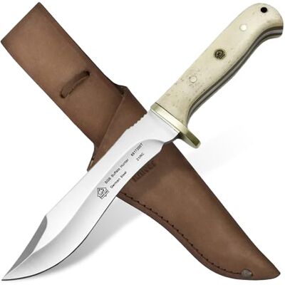 Puma – Buffalo Hunter Griffschalen aus weißem Knochen Full-Tang Jagdmesser 144mm Clip-Point Klinge aus deutschem Stahl (1.4116, 55-57 HRC) Inklusive Lederscheide (Art.Nr.: 6817200T) Puma – Buffalo Hunter Griffschalen aus weißem Knochen Full-Tang Jagdmesser 144mm Clip-Point Klinge aus deutschem Stahl (1.4116, 55-57 HRC) Inklusive Lederscheide (Art.Nr.: 6817200T)