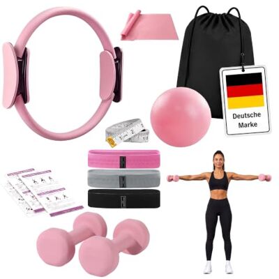 Relaxdays Pilates Set 11-TLG., Silikonhanteln je 1 kg, 3 Stärken, Farbwahl Ring, Ball, 4 Widerstandsbänder, 2 Hanteln, Tasche, Pumpe, Maßband, Pilateszubehör für zuhause Relaxdays Pilates Set 11-TLG., Silikonhanteln je 1 kg, 3 Stärken, Farbwahl Ring, Ball, 4 Widerstandsbänder, 2 Hanteln, Tasche, Pumpe, Maßband, Pilateszubehör für zuhause