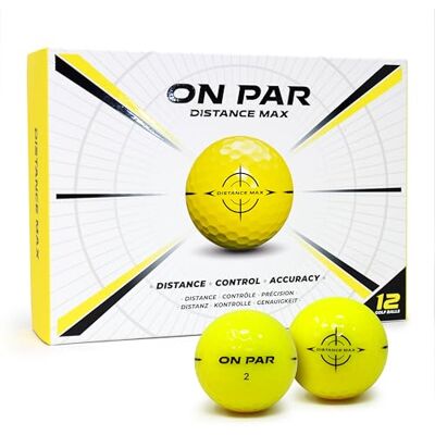 ON PAR Distance Max Golfbälle – 12er-Pack für verbesserte Distanz, Kontrolle und Genauigkeit, ideales Golfgeschenk für alle Schwunggeschwindigkeiten mit kräftiger Zielgrafik, Premium-Golfzubehör, Gelb ON PAR Distance Max Golfbälle – 12er-Pack für verbesserte Distanz, Kontrolle und Genauigkeit, ideales Golfgeschenk für alle Schwunggeschwindigkeiten mit kräftiger Zielgrafik, Premium-Golfzubehör, Gelb