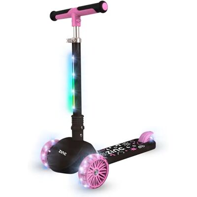 Zinc Kinder Tretroller mit 3 Rädern, T-Motion Shine – Rosa, leuchtende LED-Blinkräder und Vorbau, höhenverstellbar, faltbar, rutschfeste Griffe, Jungen & Mädchen, Lean to Steer, tolle Geschenkidee, ab Zinc Kinder Tretroller mit 3 Rädern, T-Motion Shine – Rosa, leuchtende LED-Blinkräder und Vorbau, höhenverstellbar, faltbar, rutschfeste Griffe, Jungen & Mädchen, Lean to Steer, tolle Geschenkidee, ab