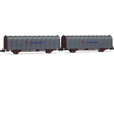 ARNOLD HN6711 RENFE, 2er-Pack 2-achsiger Planenwagen, Typ Lis, Transfesa modernes Logo, Ep; v Güterwagen-Packungen, Grau ARNOLD HN6711 RENFE, 2er-Pack 2-achsiger Planenwagen, Typ Lis, Transfesa modernes Logo, Ep; v Güterwagen-Packungen, Grau