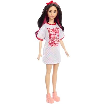 Barbie Fashionistas Puppe Nr. 214 mit schwarzem, gewelltem Haar, Twist ’n Turn-Kleid und Zubehör, Modepuppe zum Sammeln anlässlich des 65. Jubiläums, HRH12 Barbie Fashionistas Puppe Nr. 214 mit schwarzem, gewelltem Haar, Twist ’n Turn-Kleid und Zubehör, Modepuppe zum Sammeln anlässlich des 65. Jubiläums, HRH12