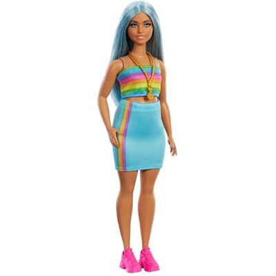 Barbie Fashionistas Puppe Nr. 218 mit Langen, blauen Haaren, Regenbogenoberteil und türkisfarbenem Rock, Modepuppe zum Sammeln anlässlich des 65. Jubiläums, HRH16 Barbie Fashionistas Puppe Nr. 218 mit Langen, blauen Haaren, Regenbogenoberteil und türkisfarbenem Rock, Modepuppe zum Sammeln anlässlich des 65. Jubiläums, HRH16