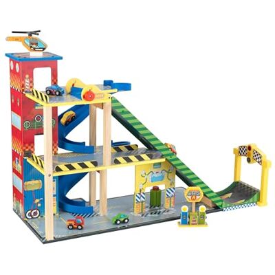 KidKraft Mega Rampe Parkgarage aus Holz mit Aufzug, Garage Spielset mit Autorennbahn, Waschstraße, Tankstelle, 4 Autos, Hubschrauber, Auto Spielzeug für Kinder ab 3 Jahre, 63267 KidKraft Mega Rampe Parkgarage aus Holz mit Aufzug, Garage Spielset mit Autorennbahn, Waschstraße, Tankstelle, 4 Autos, Hubschrauber, Auto Spielzeug für Kinder ab 3 Jahre, 63267