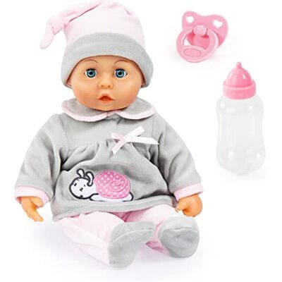 Bayer 93824BC Babypuppe interaktiv, Spielpuppe sprechend, weicher Körper, Schnuller, Flasche, 38 cm, Grau, Rosa Bayer 93824BC Babypuppe interaktiv, Spielpuppe sprechend, weicher Körper, Schnuller, Flasche, 38 cm, Grau, Rosa