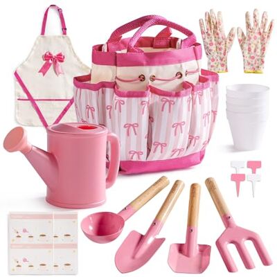 ROBUD Kinder Gartenwerkzeug Set, Gartenset Kinder Gartenarbeit, Gartenspielzeug Mädchen, 18-teilig mit Tasche, Metallwerkzeugen, Gießkanne, Pflanztöpfen, Schürze & Handschuhen ROBUD Kinder Gartenwerkzeug Set, Gartenset Kinder Gartenarbeit, Gartenspielzeug Mädchen, 18-teilig mit Tasche, Metallwerkzeugen, Gießkanne, Pflanztöpfen, Schürze & Handschuhen