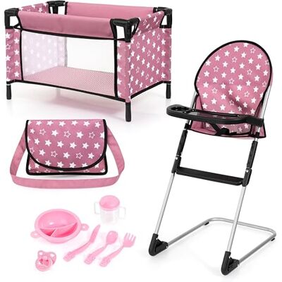 Bayer Puppenzubehör-Set mit Puppenhochstuhl, Bett, Tasche, Schnuller für Rollenspiele der Kinder, Spielset ab 3+ Jahren Bayer Puppenzubehör-Set mit Puppenhochstuhl, Bett, Tasche, Schnuller für Rollenspiele der Kinder, Spielset ab 3+ Jahren