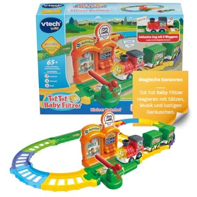 VTech TUT TUT Baby Flitzer Kleiner Bahnhof Spielset mit Zug & 2 Waggons Interaktives Eisenbahn-Set mit 65 Liedern, Sätzen & Geräuschen, 2 Weichen sowie Magischen Sensoren für Spielspaß VTech TUT TUT Baby Flitzer Kleiner Bahnhof Spielset mit Zug & 2 Waggons Interaktives Eisenbahn-Set mit 65 Liedern, Sätzen & Geräuschen, 2 Weichen sowie Magischen Sensoren für Spielspaß