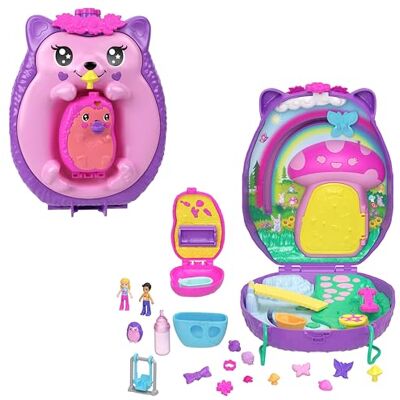 Polly Pocket 2-in-1 Reisespielzeug mit 2 Mikropuppen und 16 Accessoires, Igel-Handtaschen-Spielset, Haustierthema, JBJ91 Polly Pocket 2-in-1 Reisespielzeug mit 2 Mikropuppen und 16 Accessoires, Igel-Handtaschen-Spielset, Haustierthema, JBJ91