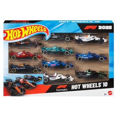 Hot Wheels Formula 1 2025 10er-Pack Set aus 10 Druckguss-Rennautos im Maßstab 1:64, eins für jedes F1-Team, authentische Details, JMM24 Hot Wheels Formula 1 2025 10er-Pack Set aus 10 Druckguss-Rennautos im Maßstab 1:64, eins für jedes F1-Team, authentische Details, JMM24