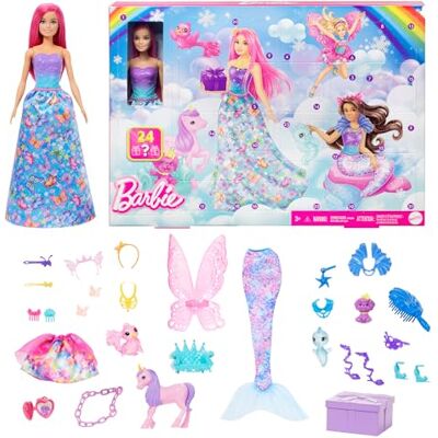 Barbie -Adventskalender mit Puppe und 24 Überraschungs-Accessoires mit Einhorn und 3 Tieren, die Modepuppe mit rosa Haaren kann in eine Meerjungfrau, Fee und mehr verwandelt Werden, HRG90 Barbie -Adventskalender mit Puppe und 24 Überraschungs-Accessoires mit Einhorn und 3 Tieren, die Modepuppe mit rosa Haaren kann in eine Meerjungfrau, Fee und mehr verwandelt Werden, HRG90