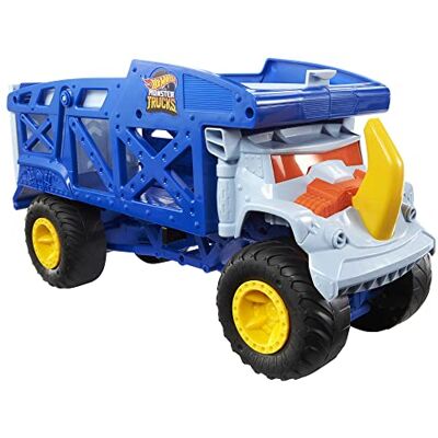 Hot Wheels Monster Trucks Rhino Rig Spielzeugtransporter, Großfahrzeug Übergroßer Lkw, transportiert 12 Monster Trucks im Maßstab 1:64 oder 32 Pkw, gelbe Hupe auf Motorhaube, HFB13 Hot Wheels Monster Trucks Rhino Rig Spielzeugtransporter, Großfahrzeug Übergroßer Lkw, transportiert 12 Monster Trucks im Maßstab 1:64 oder 32 Pkw, gelbe Hupe auf Motorhaube, HFB13