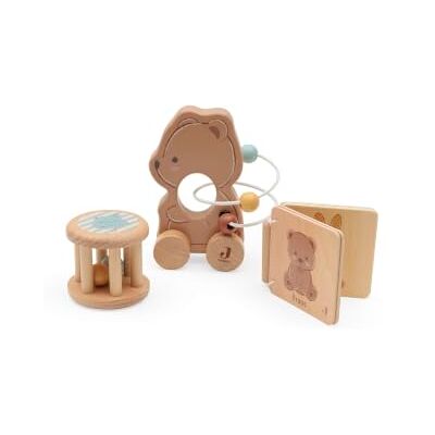 Jollein Holzspielzeug Geschenkset FSC Zertifiziert Bear Brave Baby Spielzeug Set mit Fahrzeug, Rassel & Holzbuch, Fördert Feinmotorik & Hand Auge Koordination Jollein Holzspielzeug Geschenkset FSC Zertifiziert Bear Brave Baby Spielzeug Set mit Fahrzeug, Rassel & Holzbuch, Fördert Feinmotorik & Hand Auge Koordination