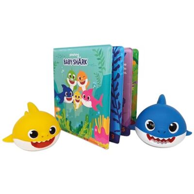 ODS Baby Shark Babybadewanne mit wasserdichtem Buch (8 Seiten) und 2 schwimmenden Figuren aus PVC, Größe Buch 14 x 14 cm, Altersempfehlung 6m+ ODS Baby Shark Babybadewanne mit wasserdichtem Buch (8 Seiten) und 2 schwimmenden Figuren aus PVC, Größe Buch 14 x 14 cm, Altersempfehlung 6m+