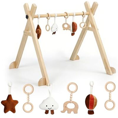 Relaxdays Spielbogen Holz, 6 abnehmbare Anhänger, HBT: 55 x 68 x 59,5 cm, Motorik fördern, Baby Gym, Spieltrapez, natur Relaxdays Spielbogen Holz, 6 abnehmbare Anhänger, HBT: 55 x 68 x 59,5 cm, Motorik fördern, Baby Gym, Spieltrapez, natur
