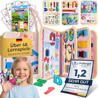 Mallie ® Montessori Busy Board ab 1 2 3 4 Jahren inkl. Gratis Mal & Rätsel 48-Seiten Heft mit Rollenspiel-Set & Fingerpuppen Lernbuch Feinmotorik & Konzentration Quiet Book, Activity Board Quiet Book Mallie ® Montessori Busy Board ab 1 2 3 4 Jahren inkl. Gratis Mal & Rätsel 48-Seiten Heft mit Rollenspiel-Set & Fingerpuppen Lernbuch Feinmotorik & Konzentration Quiet Book, Activity Board Quiet Book