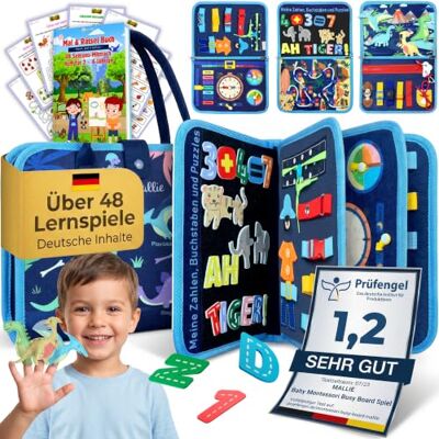Mallie ® Montessori Busy Board ab 1 2 3 4 Jahren inkl. Gratis Mal & Rätsel 48-Seiten Heft mit Rollenspiel-Set & Fingerpuppen Lernbuch Feinmotorik & Konzentration Quiet Book, Activity Board Quiet Book Mallie ® Montessori Busy Board ab 1 2 3 4 Jahren inkl. Gratis Mal & Rätsel 48-Seiten Heft mit Rollenspiel-Set & Fingerpuppen Lernbuch Feinmotorik & Konzentration Quiet Book, Activity Board Quiet Book