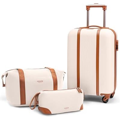 FERGÉ Handgepäck Koffer Set 3 teilig Kabinenkoffer Hartschale 55 x 40 x 22 cm + Reisetasche + Kulturbeutel Reisekoffer Kabinen-Trolley 4 Rollen, Reisen leicht beige FERGÉ Handgepäck Koffer Set 3 teilig Kabinenkoffer Hartschale 55 x 40 x 22 cm + Reisetasche + Kulturbeutel Reisekoffer Kabinen-Trolley 4 Rollen, Reisen leicht beige