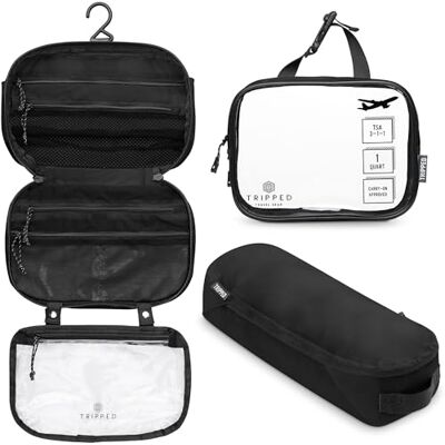 TRIPPED Travel Gear Kulturbeutel-Set: Hängende Reise-Kulturbeutel + 311 TSA-Kosmetik-Flüssigkeitstasche + ultraleichte Zubehör-Organizer-Tasche, Schwarzes Ripstop, 3-teiliges Toilettenartikel-Set TRIPPED Travel Gear Kulturbeutel-Set: Hängende Reise-Kulturbeutel + 311 TSA-Kosmetik-Flüssigkeitstasche + ultraleichte Zubehör-Organizer-Tasche, Schwarzes Ripstop, 3-teiliges Toilettenartikel-Set