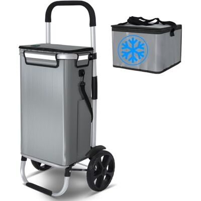 VOUNOT ® Einkaufstrolley Klappbar aus Aluminium mit 58L Wasserdichter Tasche und Kühlfach, 2 Extra große Räder mit Schutzblech, Faltbarer Einkaufswagen, Treppensteiger Trolley, Grau VOUNOT ® Einkaufstrolley Klappbar aus Aluminium mit 58L Wasserdichter Tasche und Kühlfach, 2 Extra große Räder mit Schutzblech, Faltbarer Einkaufswagen, Treppensteiger Trolley, Grau