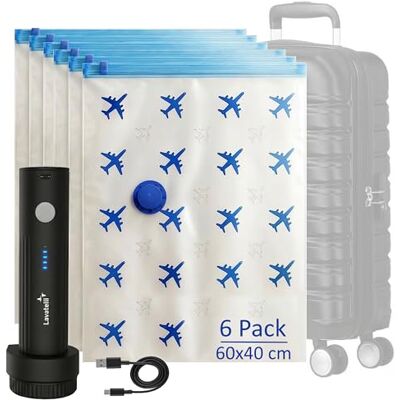 Lavatelli Reise Set Handgepäck mit kabelloser USB-C Pumpe & 6 Vakuumbeuteln 40x60 cm für Trolley 55x40x20, platzsparendes Kit für Kleidung, Daunen & Saisonwechsel Lavatelli Reise Set Handgepäck mit kabelloser USB-C Pumpe & 6 Vakuumbeuteln 40x60 cm für Trolley 55x40x20, platzsparendes Kit für Kleidung, Daunen & Saisonwechsel