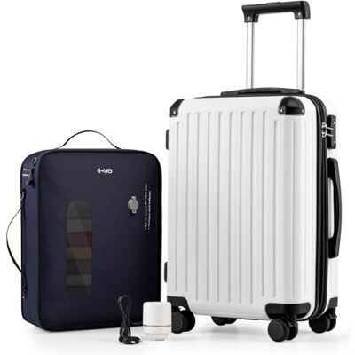 COOLIFE Vakuum Handgepäck Koffer, Hartschalenkoffer mit Pumpe für Kabine Reisekoffer Leichter ABS+PC mit 360°- Rollen und TSA-Schloss, Teleskopgriff, Trolley mit Vakuumsystem für Wochenende, Weiß COOLIFE Vakuum Handgepäck Koffer, Hartschalenkoffer mit Pumpe für Kabine Reisekoffer Leichter ABS+PC mit 360°- Rollen und TSA-Schloss, Teleskopgriff, Trolley mit Vakuumsystem für Wochenende, Weiß
