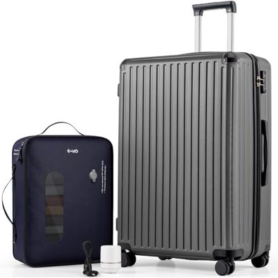 COOLIFE Vakuum Großer Koffer, Hartschalenkoffer, Reisekoffer mit Pumpe ABS+PC mit 360° Rollen und TSA-Schloss, Teleskopgriff, Trolley mit Vakuumsystem für Langreise / Langstreckenreise, Grau COOLIFE Vakuum Großer Koffer, Hartschalenkoffer, Reisekoffer mit Pumpe ABS+PC mit 360° Rollen und TSA-Schloss, Teleskopgriff, Trolley mit Vakuumsystem für Langreise / Langstreckenreise, Grau