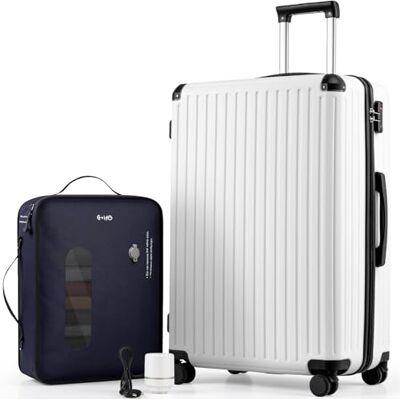 COOLIFE Vakuum Großer Koffer, Hartschalenkoffer, Reisekoffer mit Pumpe ABS+PC mit 360° Rollen und TSA-Schloss, Teleskopgriff, Trolley mit Vakuumsystem für Langreise / Langstreckenreise, Weiß COOLIFE Vakuum Großer Koffer, Hartschalenkoffer, Reisekoffer mit Pumpe ABS+PC mit 360° Rollen und TSA-Schloss, Teleskopgriff, Trolley mit Vakuumsystem für Langreise / Langstreckenreise, Weiß