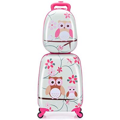 COSTWAY 2tlg Kinderkoffer + Rucksack, Kindertrolley aus Kunststoff, Kindergepäck, Kinder Kofferset Handgepäck Reisegepäck Hartschalenkoffer für Jungen und Mädchen (Rosa Eule, 12"+16") COSTWAY 2tlg Kinderkoffer + Rucksack, Kindertrolley aus Kunststoff, Kindergepäck, Kinder Kofferset Handgepäck Reisegepäck Hartschalenkoffer für Jungen und Mädchen (Rosa Eule, 12"+16")