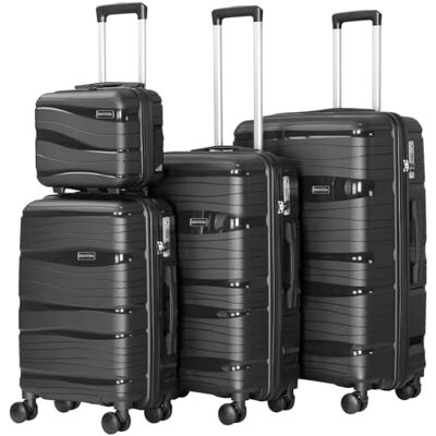 PROVITERA Set 3 + 1 Koffer mit Harter Beschichtung aus Polypropylen, sehr robust, Trolley und Beautycase mit Teleskopgriff und Zahlenschloss, Aerodynamisches Design, Schwarz, Zeitgenössisch PROVITERA Set 3 + 1 Koffer mit Harter Beschichtung aus Polypropylen, sehr robust, Trolley und Beautycase mit Teleskopgriff und Zahlenschloss, Aerodynamisches Design, Schwarz, Zeitgenössisch