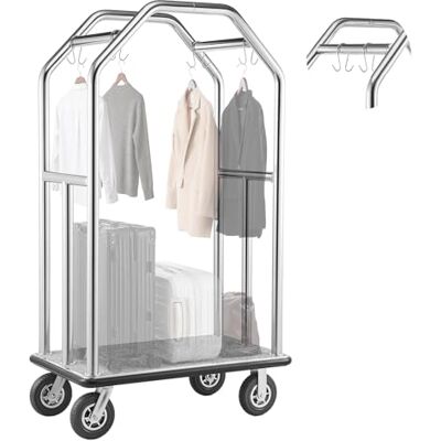 VEVOR Hotelgepäckwagen aus Edelstahl, 680,39kg Belastbarer Kofferwagen mit 8 Zoll Gummirädern, Hotelwagen mit Grauem Teppichboden & Garderobenstange, Gepäckwagen Gewerblich für Hotels Resorts, Silber VEVOR Hotelgepäckwagen aus Edelstahl, 680,39kg Belastbarer Kofferwagen mit 8 Zoll Gummirädern, Hotelwagen mit Grauem Teppichboden & Garderobenstange, Gepäckwagen Gewerblich für Hotels Resorts, Silber