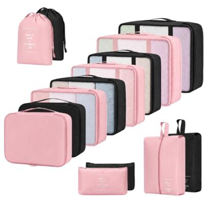 Romon 14-teilige 2-farbige Koffer Organizer, wasserdichte Packing Cubes mit Doppelreißverschluss & Mesh – Kompressionspackwürfel Set für Reisen, Zuhause (14 Schwarz & Rosa) Romon 14-teilige 2-farbige Koffer Organizer, wasserdichte Packing Cubes mit Doppelreißverschluss & Mesh – Kompressionspackwürfel Set für Reisen, Zuhause (14 Schwarz & Rosa)