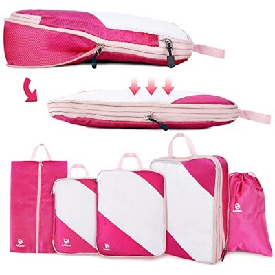 AiQInu Packing Cubes Compression, 5 Stück Packtaschen Kompression Koffer Organizer Set mit Wäschebeutel und Schuhbeutel Ultraleicht, Erweiterbar, Reisepack Organizer für Handgepäck (Rosa) AiQInu Packing Cubes Compression, 5 Stück Packtaschen Kompression Koffer Organizer Set mit Wäschebeutel und Schuhbeutel Ultraleicht, Erweiterbar, Reisepack Organizer für Handgepäck (Rosa)